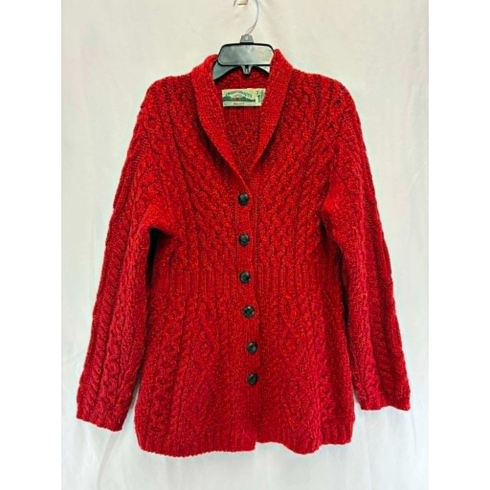 Aran Crafts Ireland Red 100% Merino Wool Cable Knit Shawl Collar Cardigan Medium
